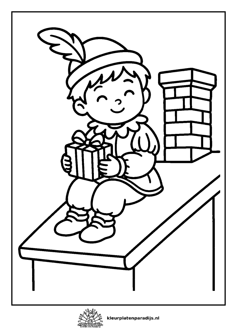 Kleurplaat van een vrolijke Piet met cadeautje die naast de schoorsteen op het dak zit