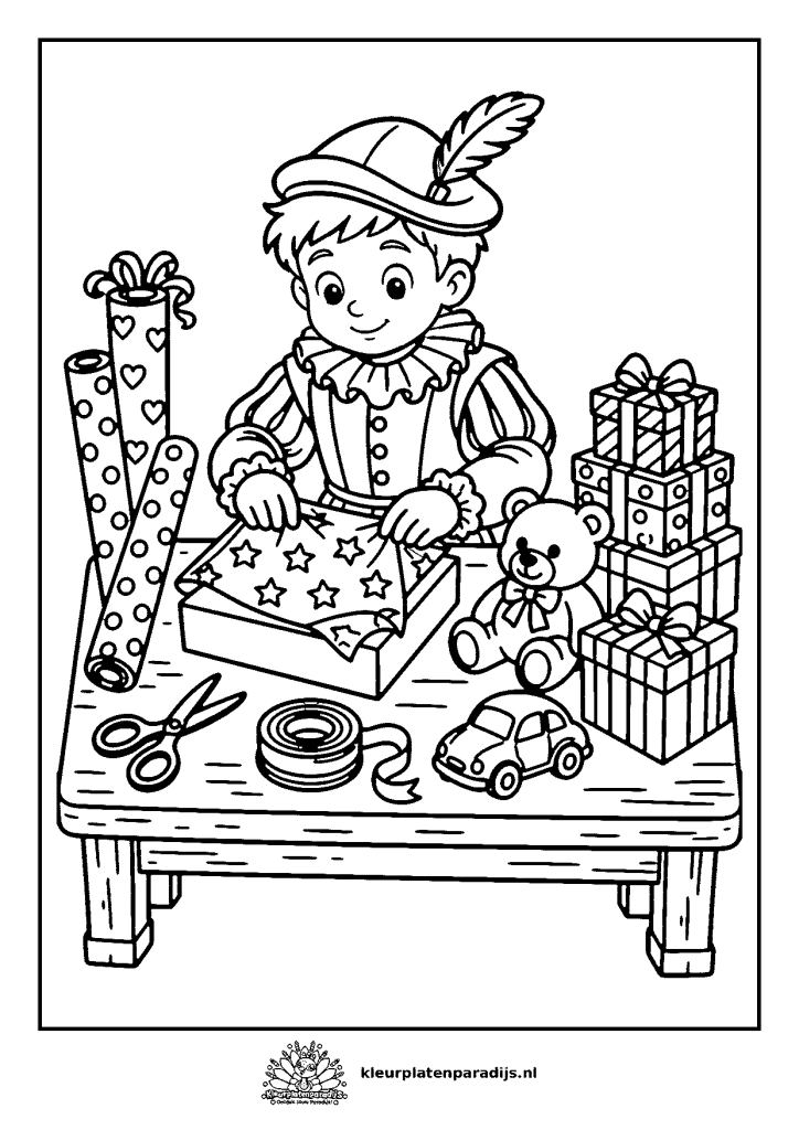 Kleurplaat van Piet die aan tafel cadeautjes inpakt met cadeaupapier, schaar, beer en autootje