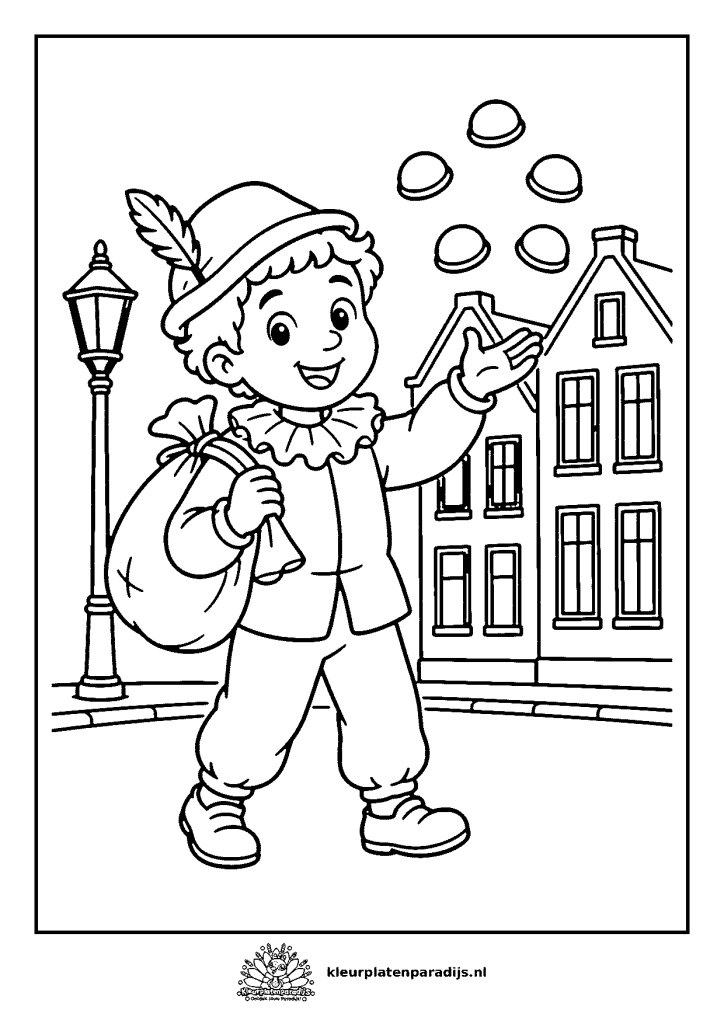 Kleurplaat van Piet met een zak die pepernoten in de lucht gooit in een straat met een lantaarnpaal