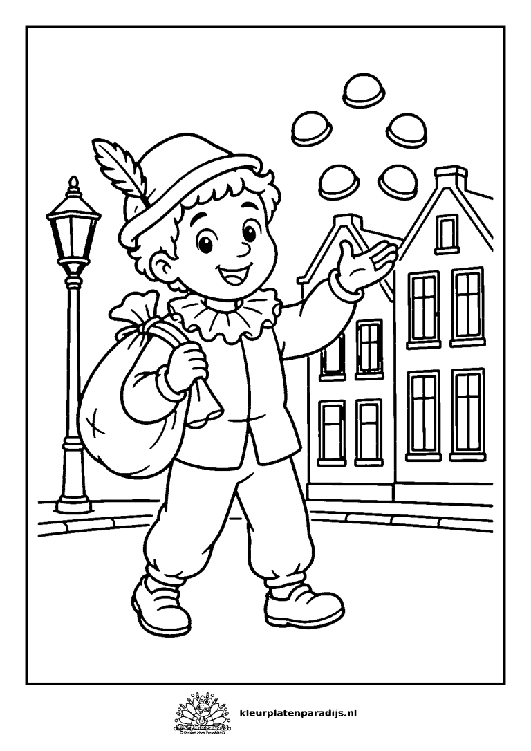 Kleurplaat van Piet met een zak die pepernoten in de lucht gooit in een straat met een lantaarnpaal