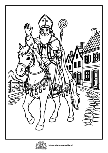 Kleurplaat van Sinterklaas met mijter en staf die zwaaiend op zijn paard door de straat rijdt