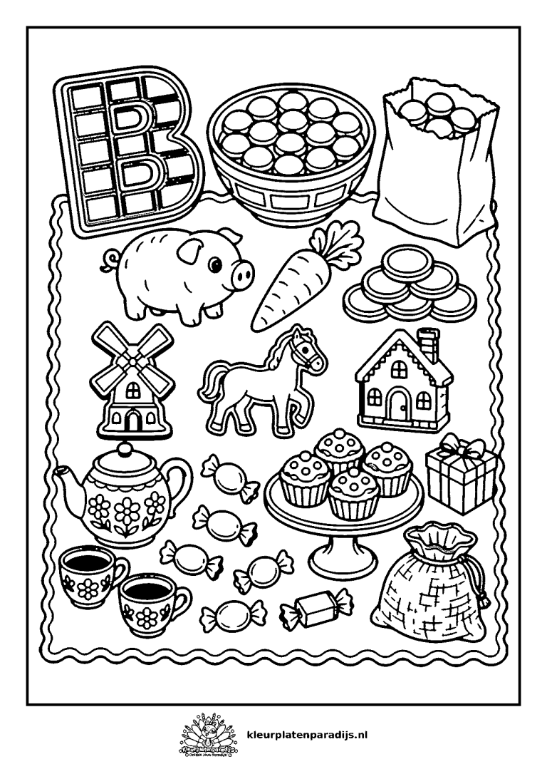 Gedetailleerde kleurplaat van een tafel vol Sinterklaaslekkers: chocoladeletter, marsepein, pepernoten en speculaas