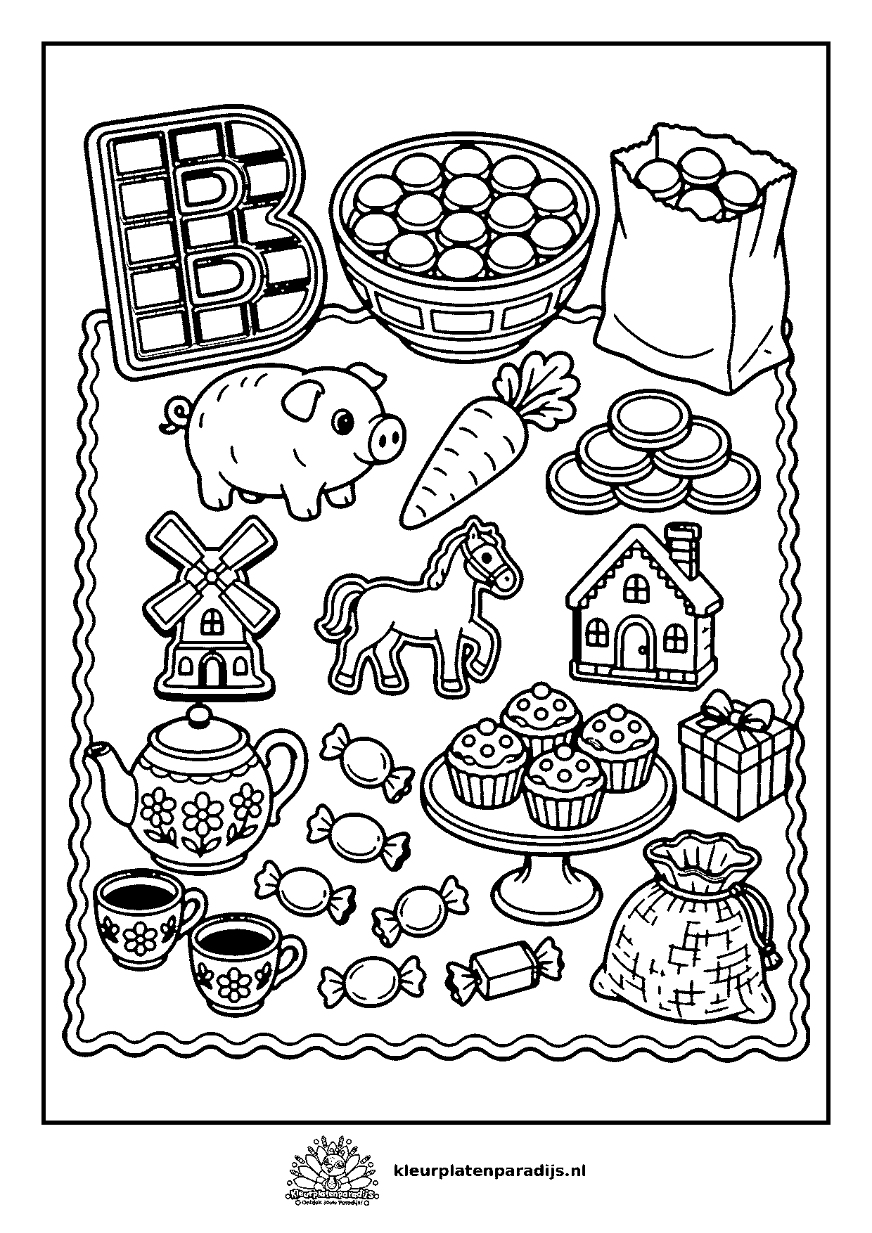Gedetailleerde kleurplaat van een tafel vol Sinterklaaslekkers: chocoladeletter, marsepein, pepernoten en speculaas