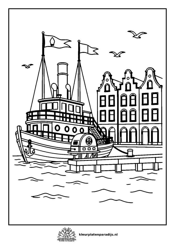 Gedetailleerde kleurplaat van de stoomboot aan de kade van een Hollandse haven met grachtenpanden en meeuwen