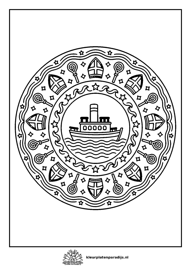 Kleurplaat van een Sinterklaasmandala met de stoomboot in het midden en ringen van golven, sterren, mijters en lolly's