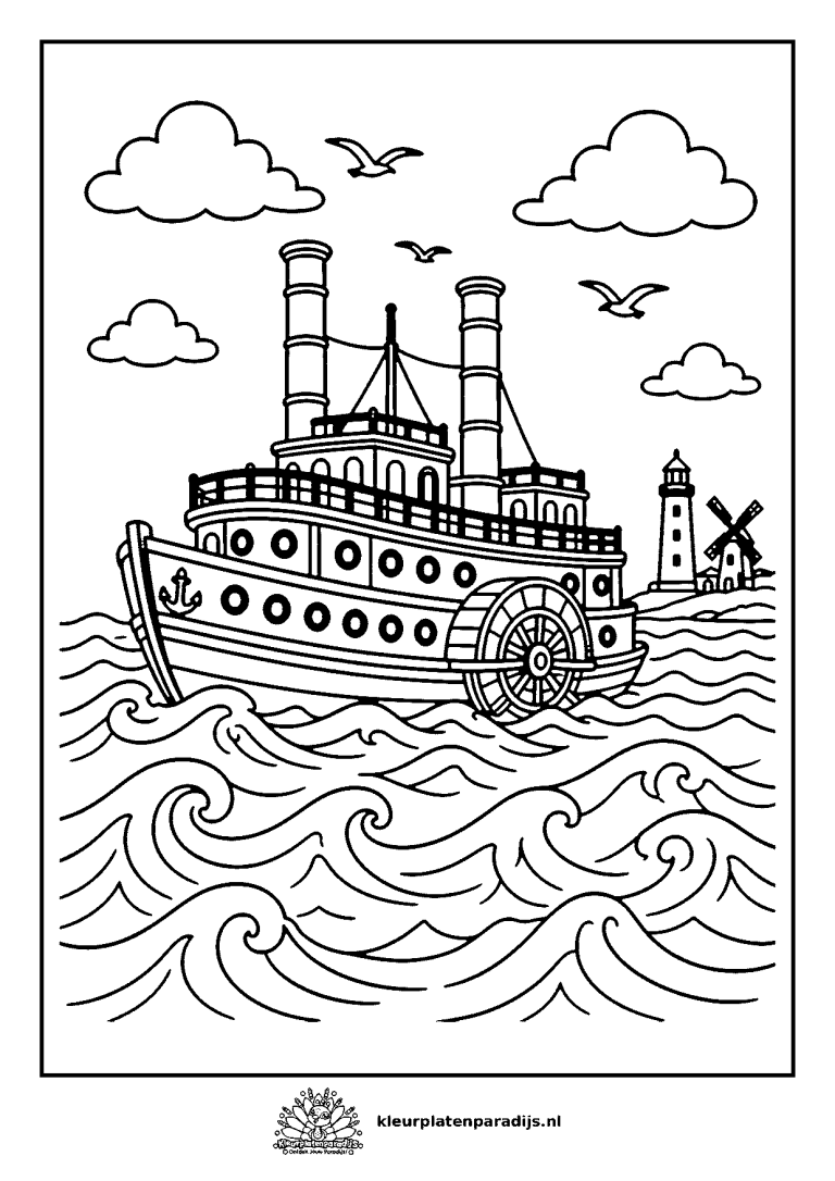 Gedetailleerde kleurplaat van de stoomboot met raderwiel op hoge golven, met meeuwen, vuurtoren en molen