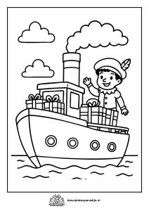 Gratis kleurplaat van een stoomboot met cadeautjes en een zwaaiende piet