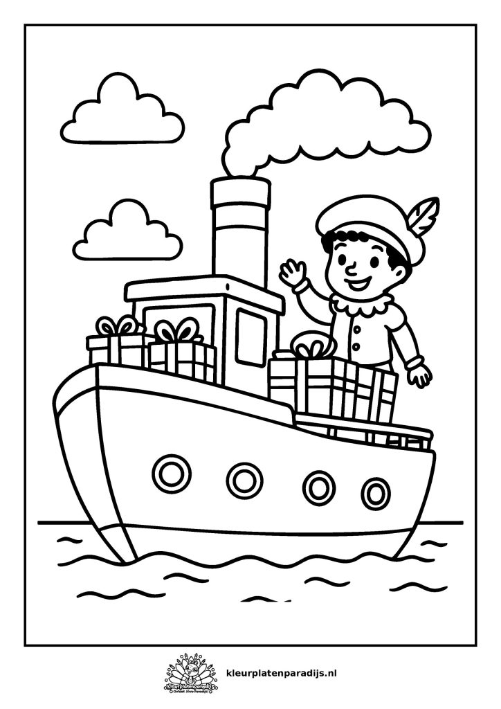 Gratis kleurplaat van een stoomboot met cadeautjes en een zwaaiende piet