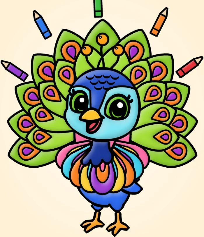 Pauwlien de pauw – mascotte van Kleurplatenparadijs