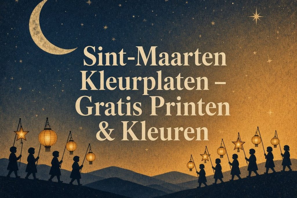 Sint-Maarten kleurplaten banner – gratis printen en kleuren met kinderen in een lampionnenoptocht onder de maan
