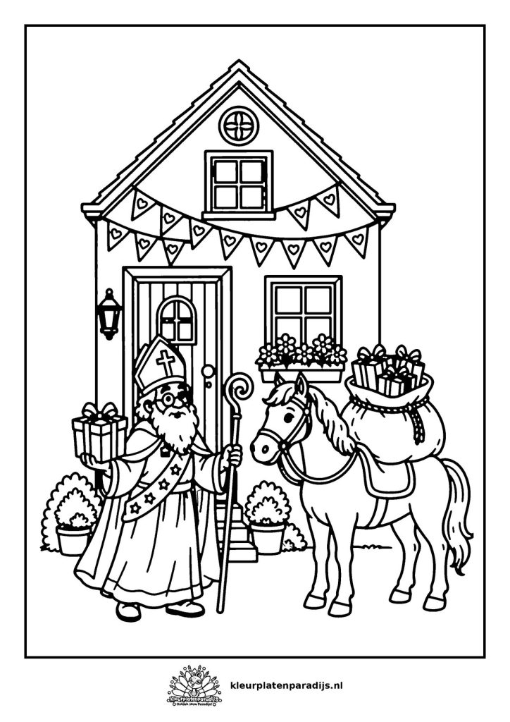 Kleurplaat van Sinterklaas met een cadeau bij de voordeur van een versierd huis, met zijn paard en een zak pakjes