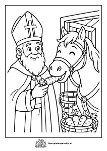 Kleurplaat van Sinterklaas die zijn paard na de rit een wortel geeft bij de staldeur