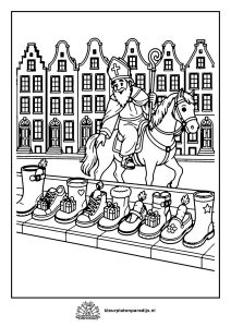 Kleurplaat van Sinterklaas op zijn paard die langs een rij schoenen met cadeautjes en wortels rijdt