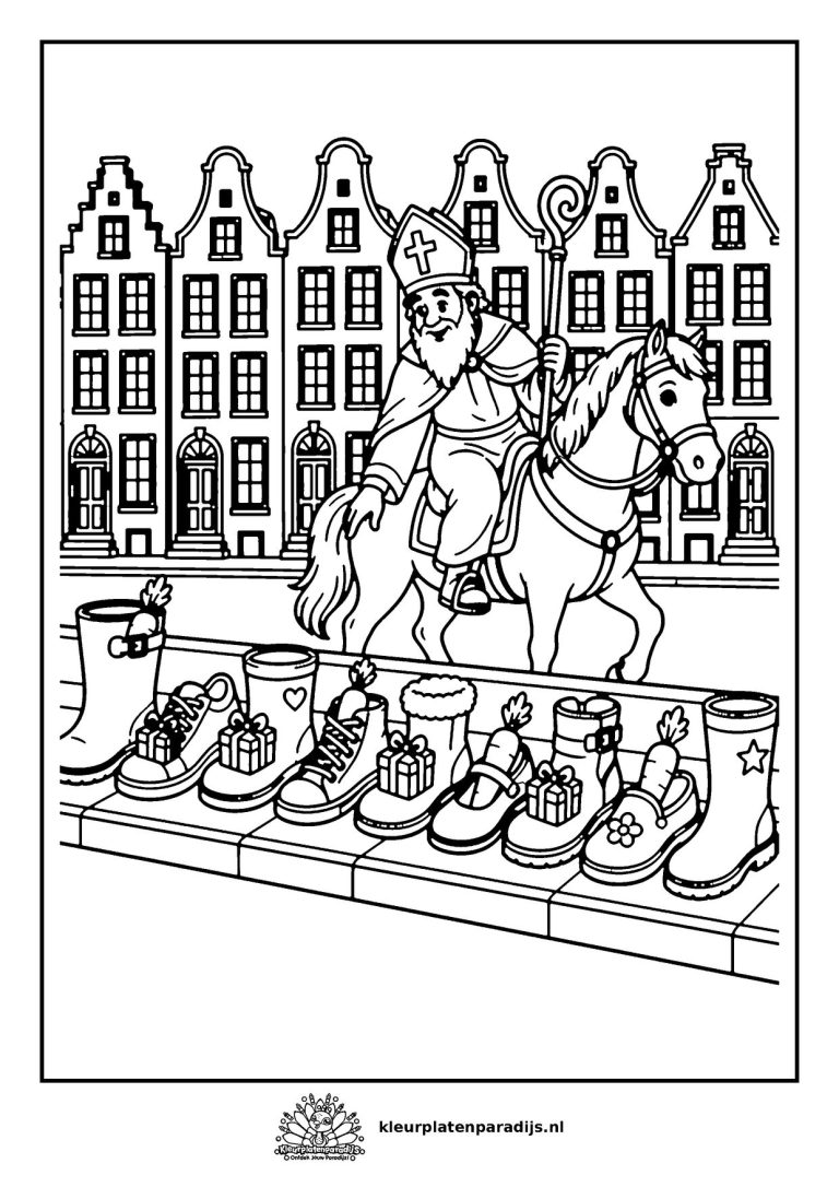 Kleurplaat van Sinterklaas op zijn paard die langs een rij schoenen met cadeautjes en wortels rijdt