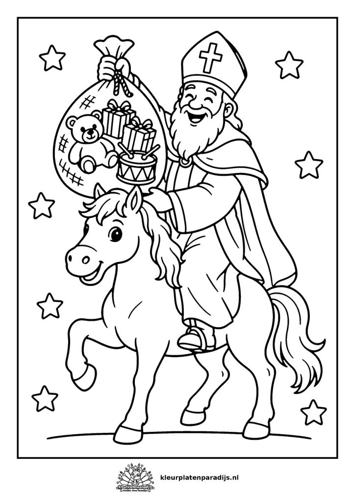 Kleurplaat van een vrolijke Sinterklaas op zijn paard met een zak vol cadeaus, een beer en een trommel