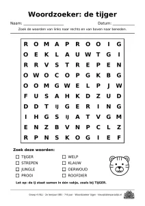 Woordzoeker tijger met een letterraster van 10 bij 10 en een lijst van 8 woorden (tijger, strepen, jungle, prooi, welp, klauw, oerwoud, roofdier)