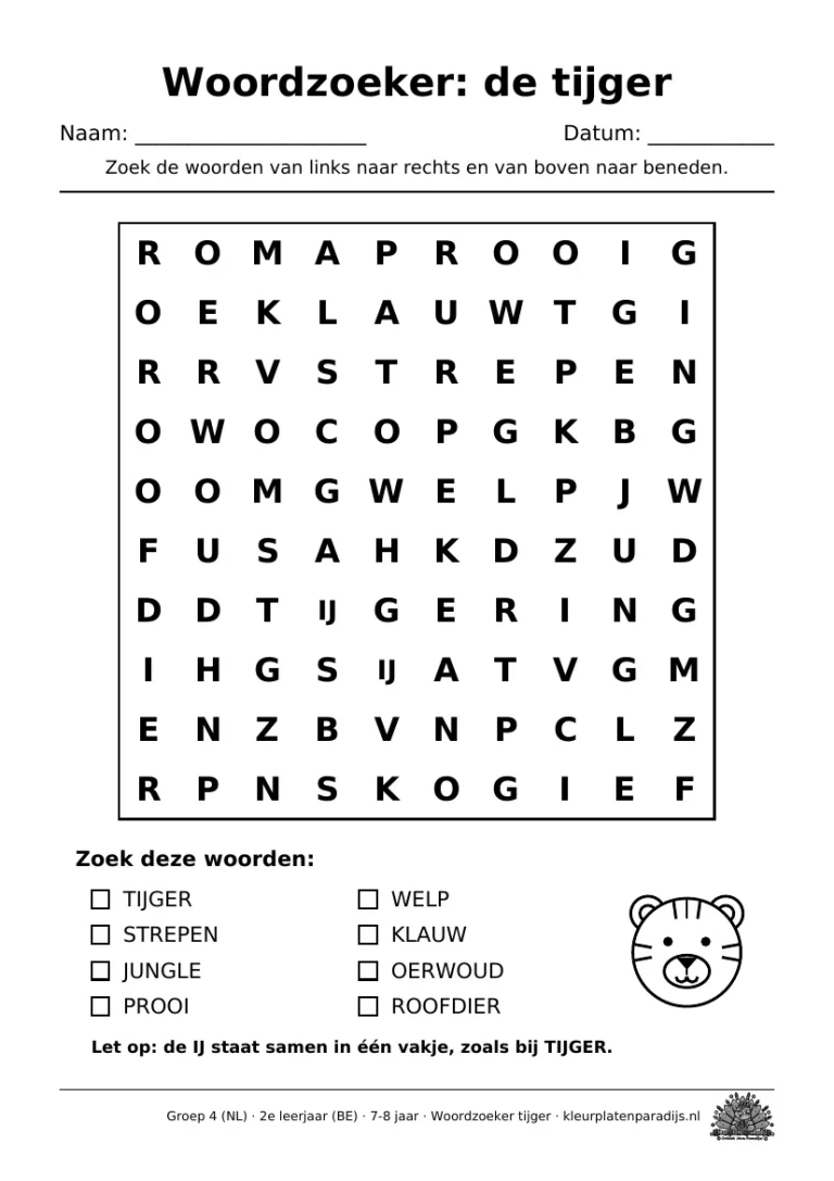 Woordzoeker tijger met een letterraster van 10 bij 10 en een lijst van 8 woorden (tijger, strepen, jungle, prooi, welp, klauw, oerwoud, roofdier)